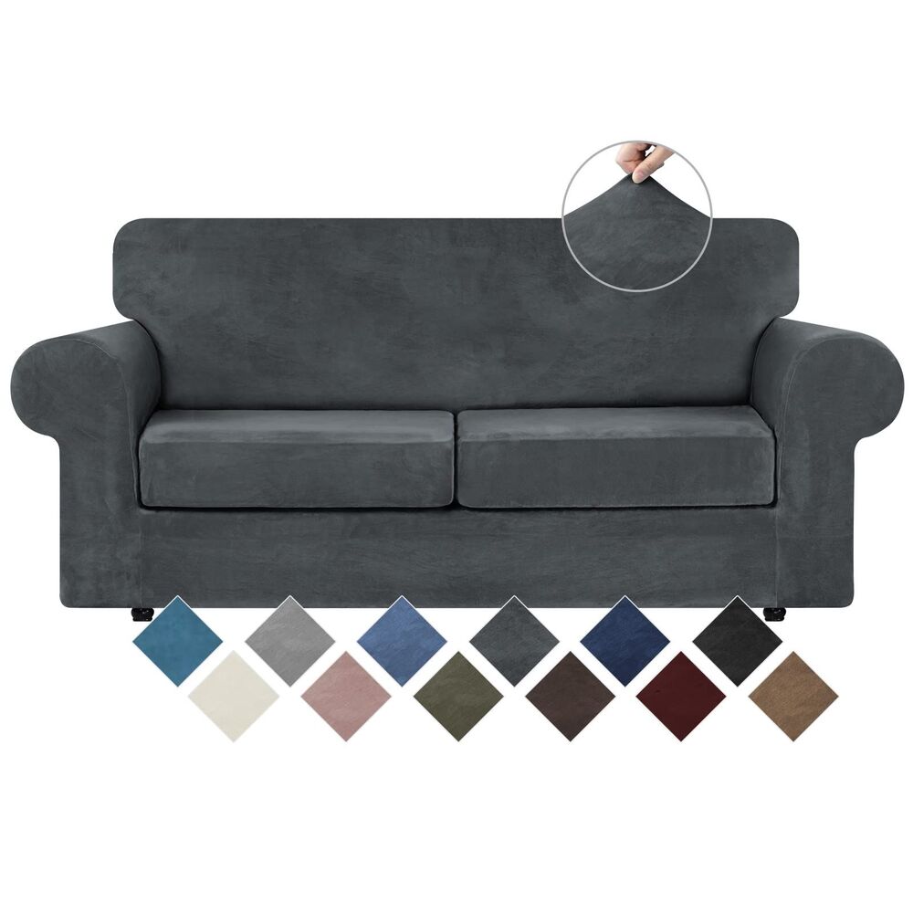 2 Cushion Loveseat Velvet Sofa Slipcover (Dark Grey, 3 Pcs)